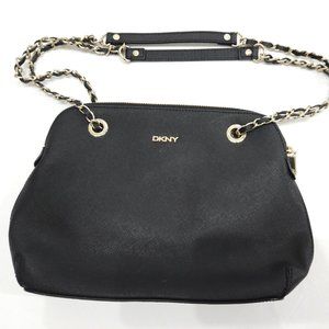 DKNY Black Leather Shoulder Handbag with Gold Colored Hardware and Chain Handle